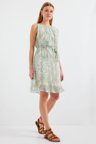2501 Rochie Șifon cu Motiv Fără Mâneci - Mentă
