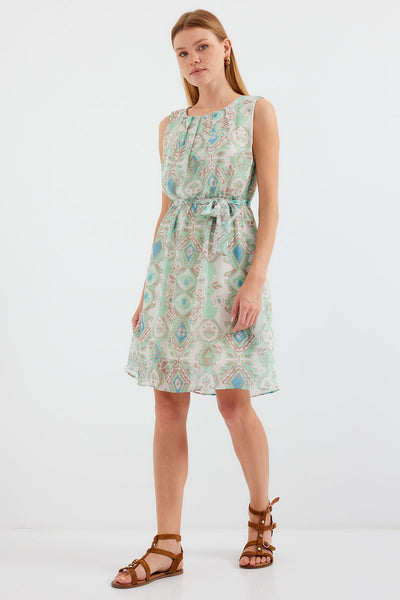 2501 Rochie Șifon cu Motiv Fără Mâneci - Mentă