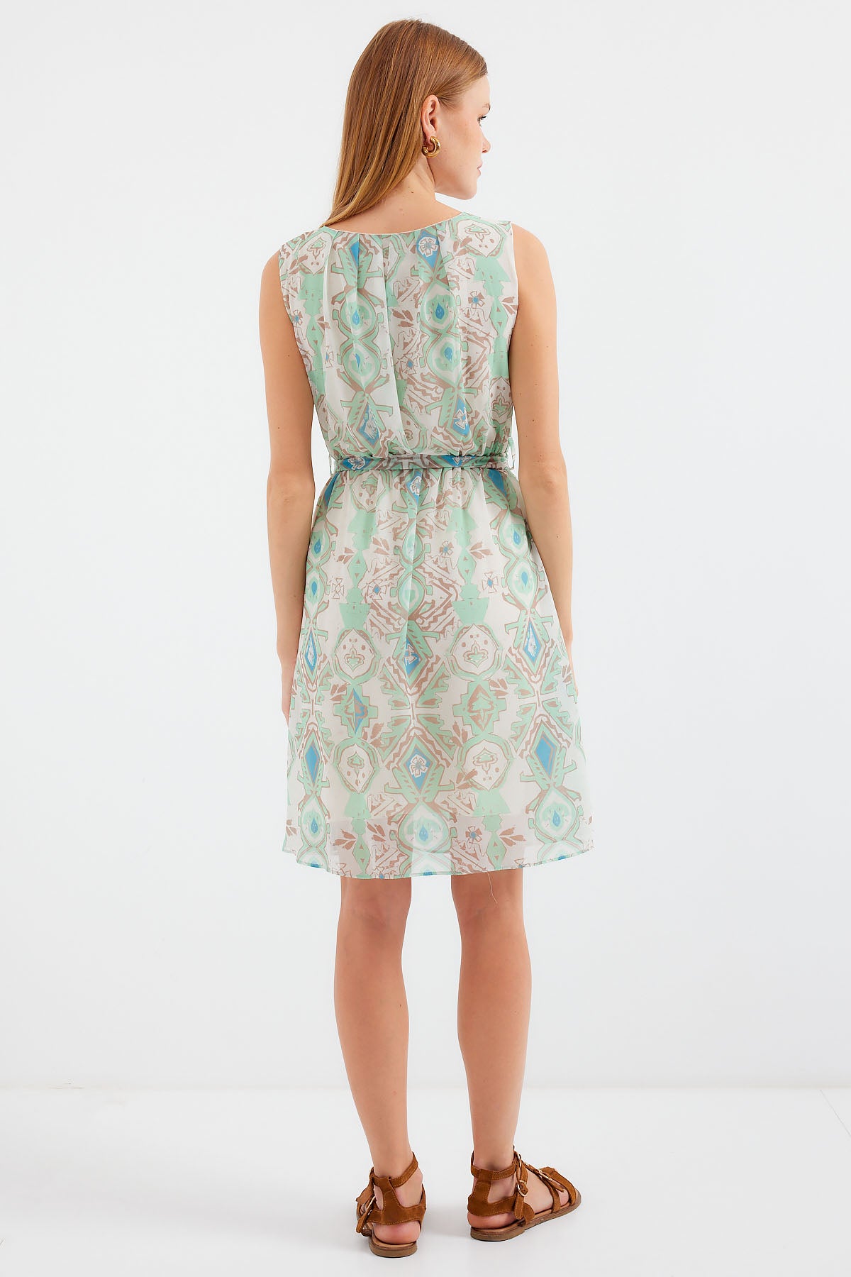 2501 Rochie Șifon cu Motiv Fără Mâneci - Mentă