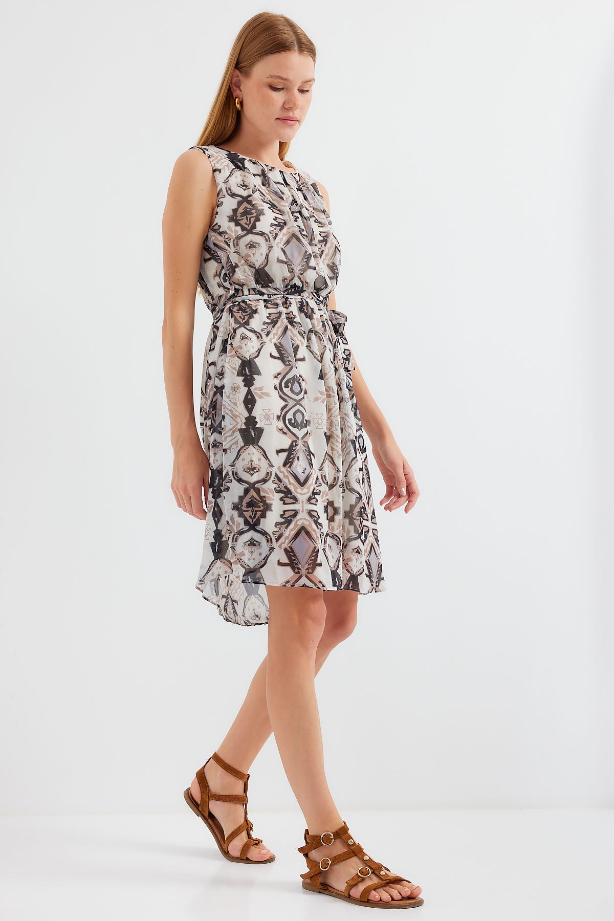 2501 Rochie Șifon cu Motiv Fără Mâneci - Negru
