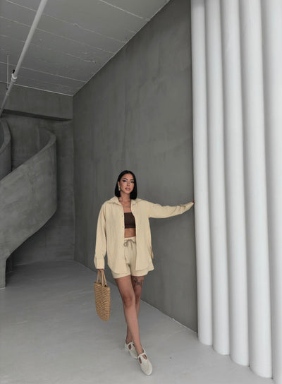 LINEN SHIRT AND SHORTS TWO-PIECE SET - Beige