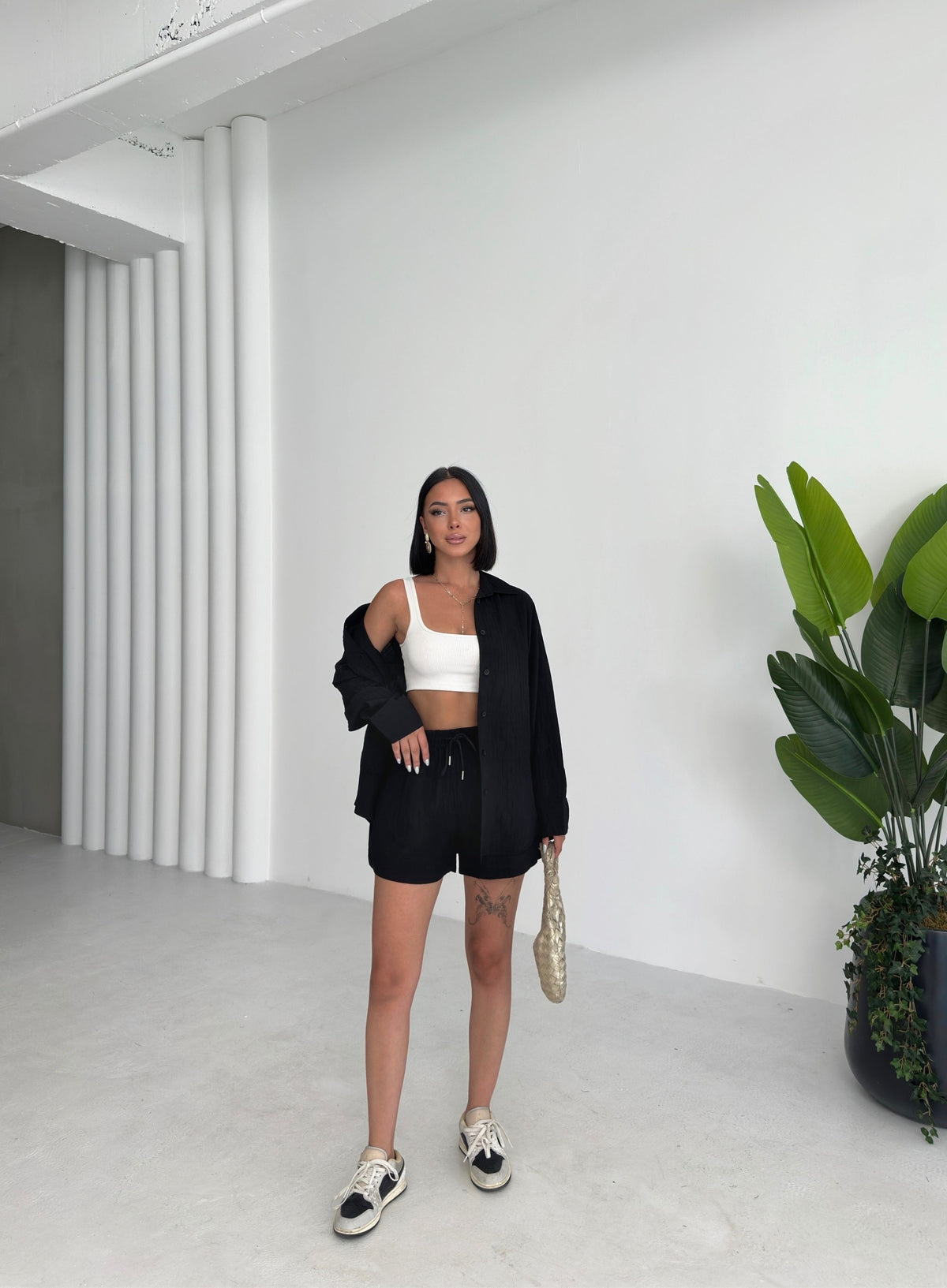 Set două piese, cămașă și pantaloni scurți din in - Negru