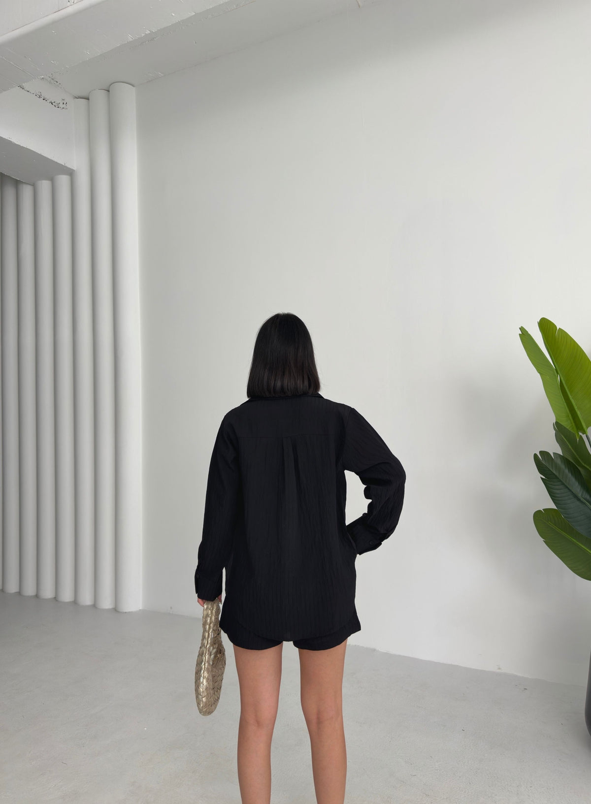 Set două piese, cămașă și pantaloni scurți din in - Negru