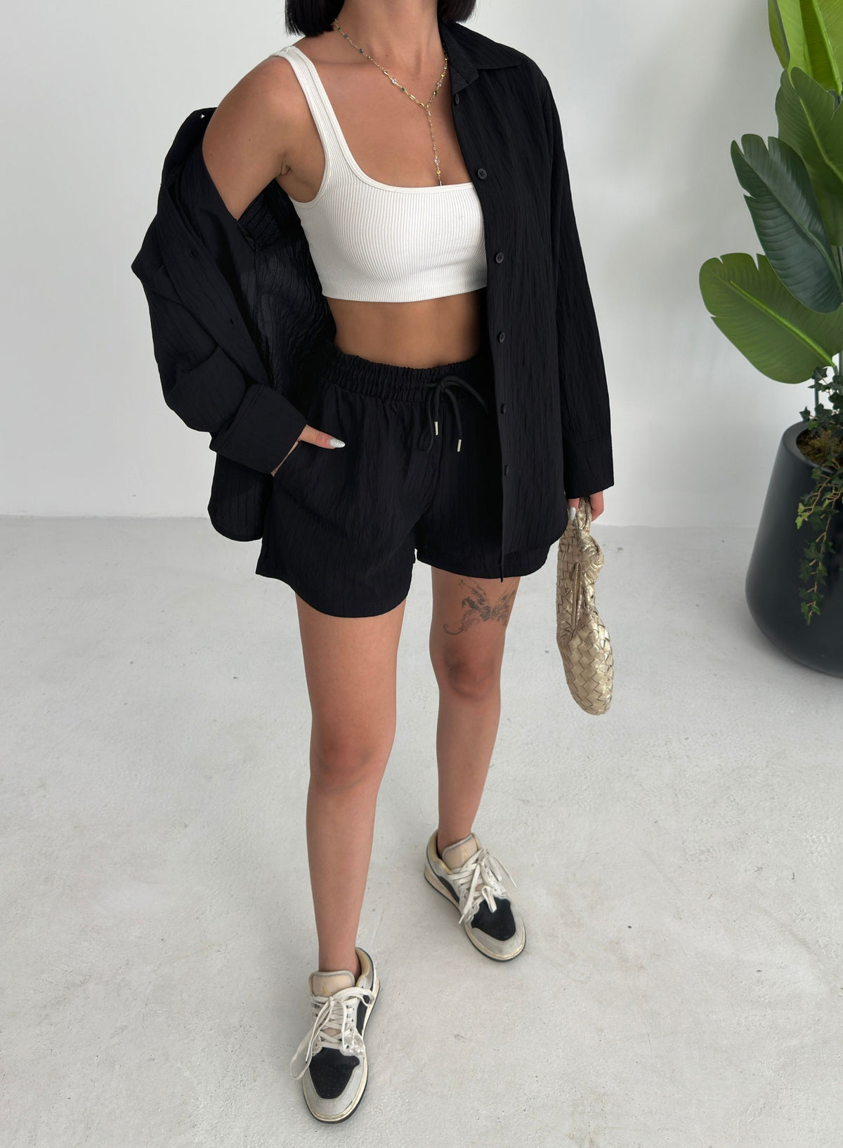 Set două piese, cămașă și pantaloni scurți din in - Negru