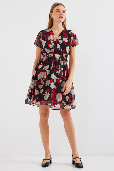 2502 Rochie Șifon cu Motiv Mânecă Scurtă - Bordeaux