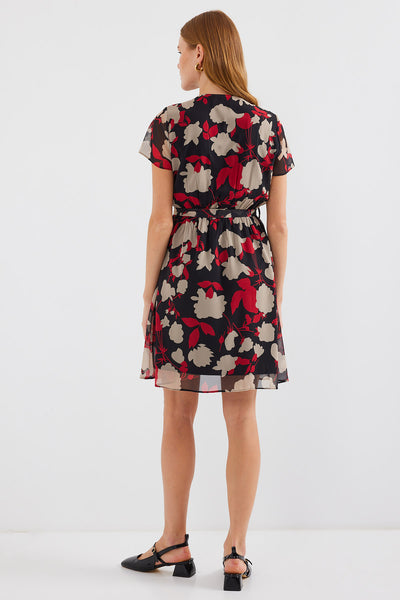 2502 Rochie Șifon cu Motiv Mânecă Scurtă - Bordeaux
