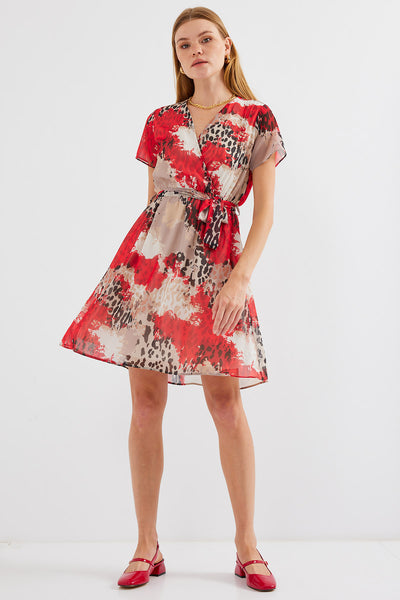 2502 Rochie Șifon cu Motiv Mânecă Scurtă - Roșu