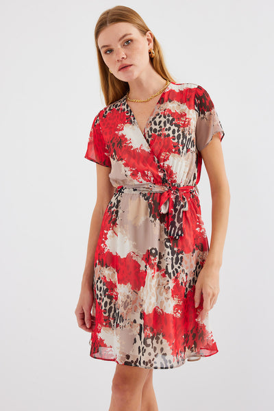 2502 Rochie Șifon cu Motiv Mânecă Scurtă - Roșu