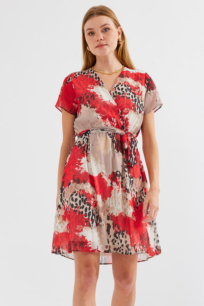 2502 Rochie Șifon cu Motiv Mânecă Scurtă - Roșu