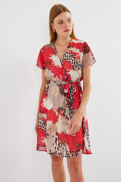2502 Rochie Șifon cu Motiv Mânecă Scurtă - Roșu