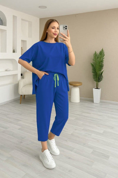 Kadın Kısa Kollu Bisiklet Yaka Viskon Iki Iplik Bluz Ve Pantolon Ikili Takım , 34664