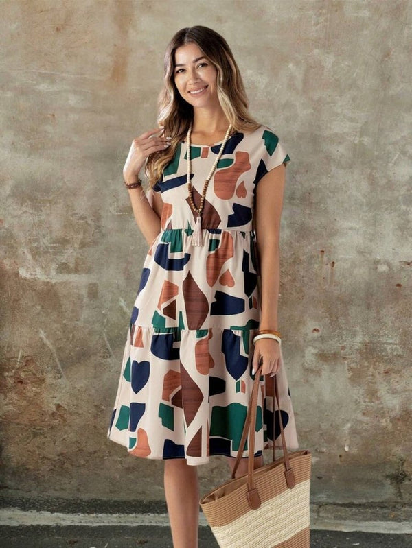 Rochie Supreme pentru femei, cu mânecă scurtă, guler rotund, model și volane, 26205