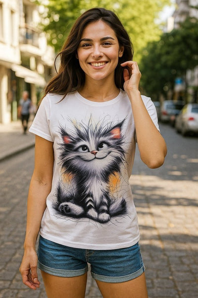 Bluză Supreme pentru femei, cu mânecă scurtă și guler rotund, cu imprimeu cu pisici, 27728