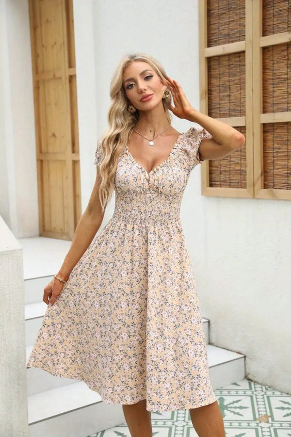 Rochie Supreme pentru femei, cu mânecă scurtă, decolteu înfășurat, talie elastică, model floral, 25204