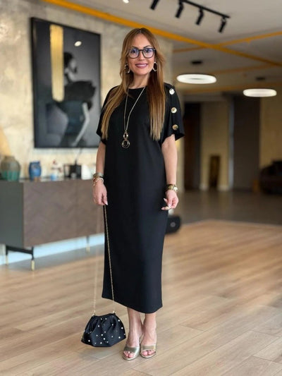 Rochie lungă din viscoză cu două fire, cu guler rotund și mânecă scurtă, 31242