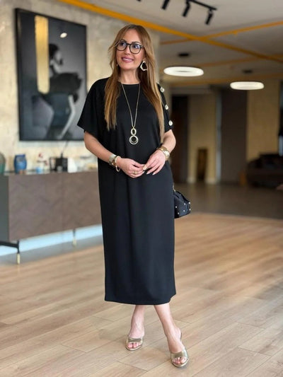 Rochie lungă din viscoză cu două fire, cu guler rotund și mânecă scurtă, 31242
