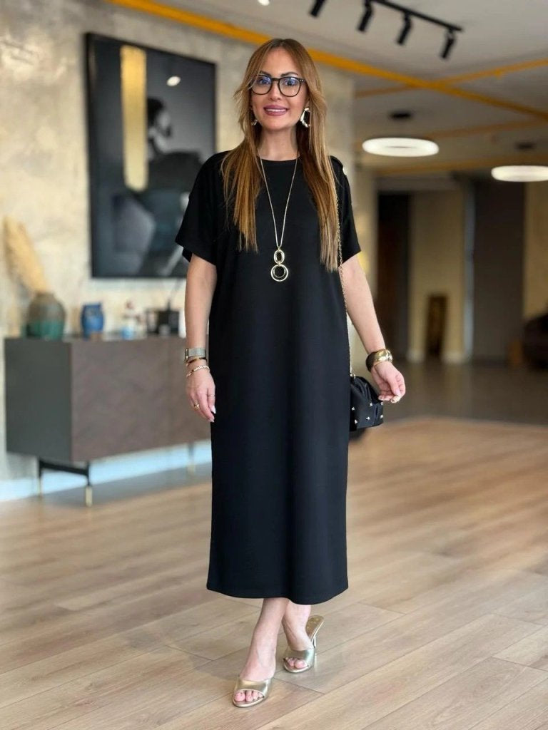 Rochie lungă din viscoză cu două fire, cu guler rotund și mânecă scurtă, 31242