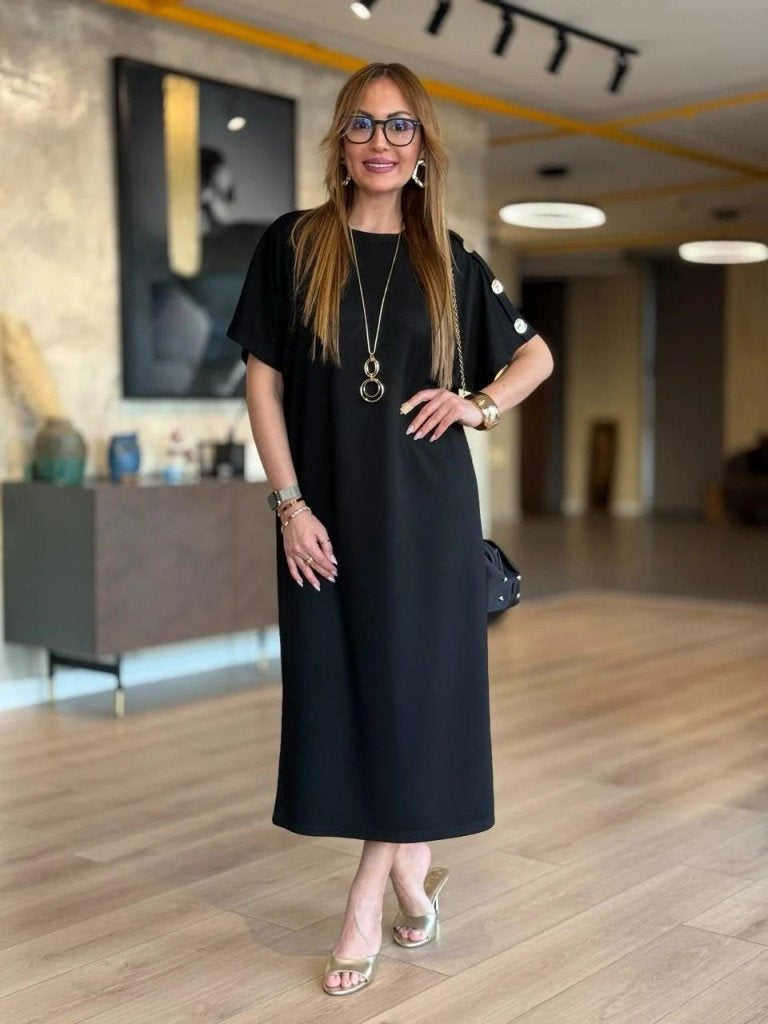 Rochie lungă din viscoză cu două fire, cu guler rotund și mânecă scurtă, 31242