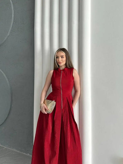 Fermuar Detay Kolsuz Elbise - Bordo , 1S 2M 2L 1XL