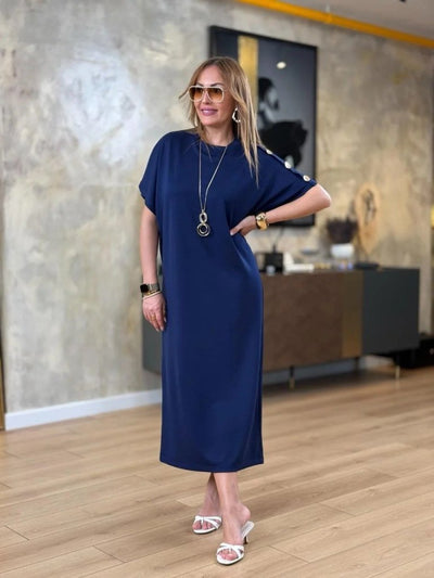 Women's Short Sleeve Crew Neck Button-Shoulder Long Viscose Double-Ply Dress, 31241