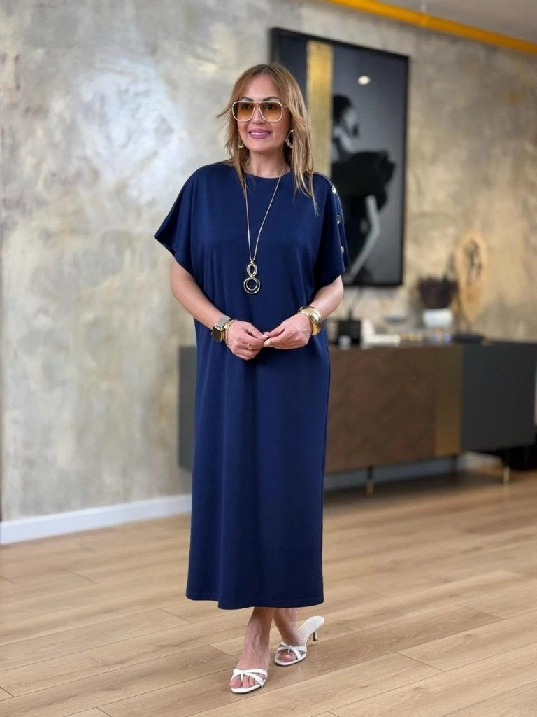 Women's Short Sleeve Crew Neck Button-Shoulder Long Viscose Double-Ply Dress, 31241
