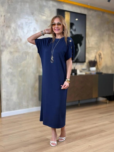Women's Short Sleeve Crew Neck Button-Shoulder Long Viscose Double-Ply Dress, 31241