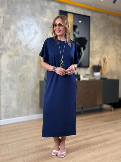 Women's Short Sleeve Crew Neck Button-Shoulder Long Viscose Double-Ply Dress, 31241
