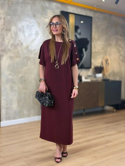 Rochie lungă din viscoză cu două fire, cu guler rotund și mânecă scurtă, 31240