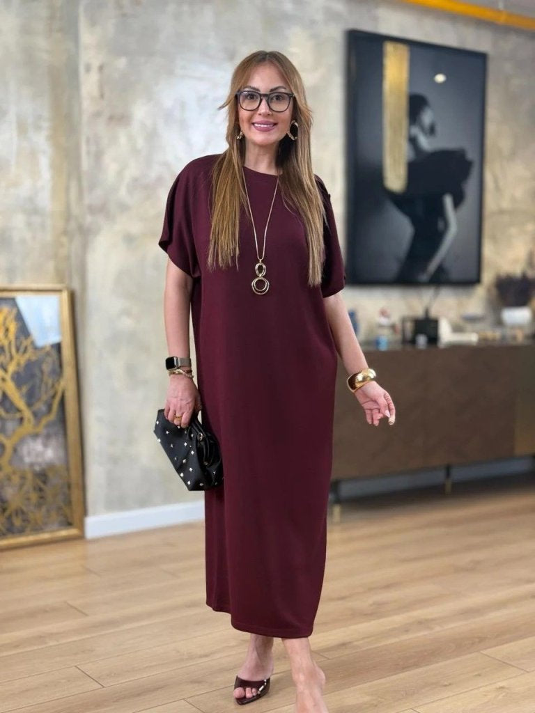 Rochie lungă din viscoză cu două fire, cu guler rotund și mânecă scurtă, 31240