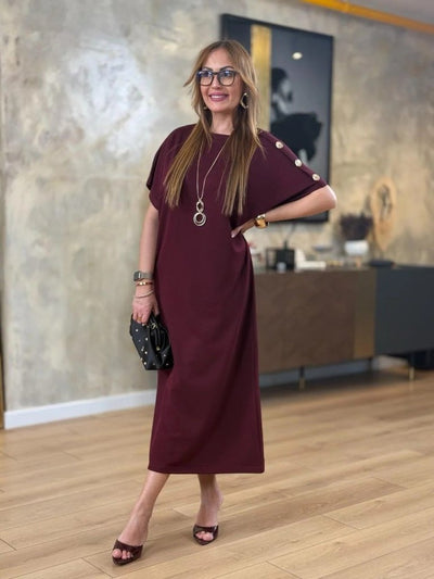 Rochie lungă din viscoză cu două fire, cu guler rotund și mânecă scurtă, 31240