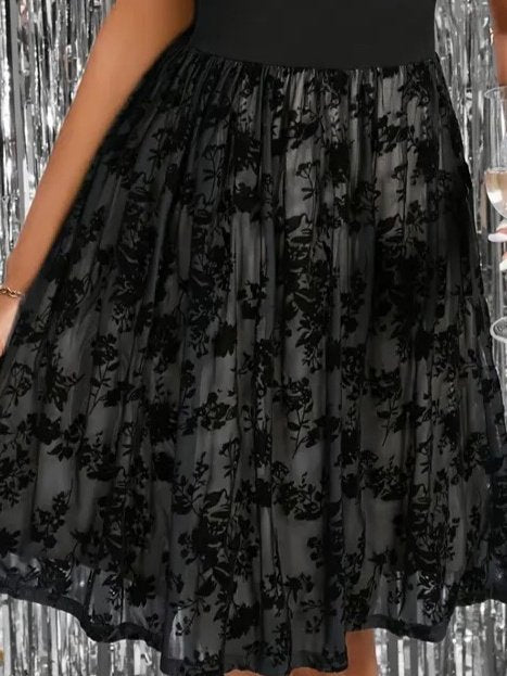 Women's Short Sleeve Crew Neck Tulle Flocked Print Detail Dress, 25276