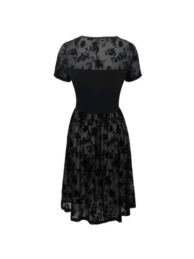 Women's Short Sleeve Crew Neck Tulle Flocked Print Detail Dress, 25276