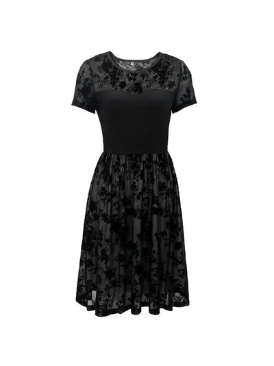 Women's Short Sleeve Crew Neck Tulle Flocked Print Detail Dress, 25276