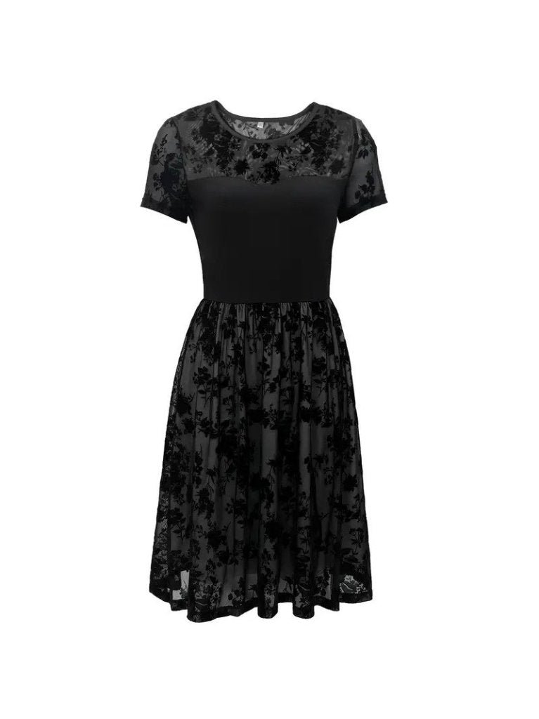 Women's Short Sleeve Crew Neck Tulle Flocked Print Detail Dress, 25276