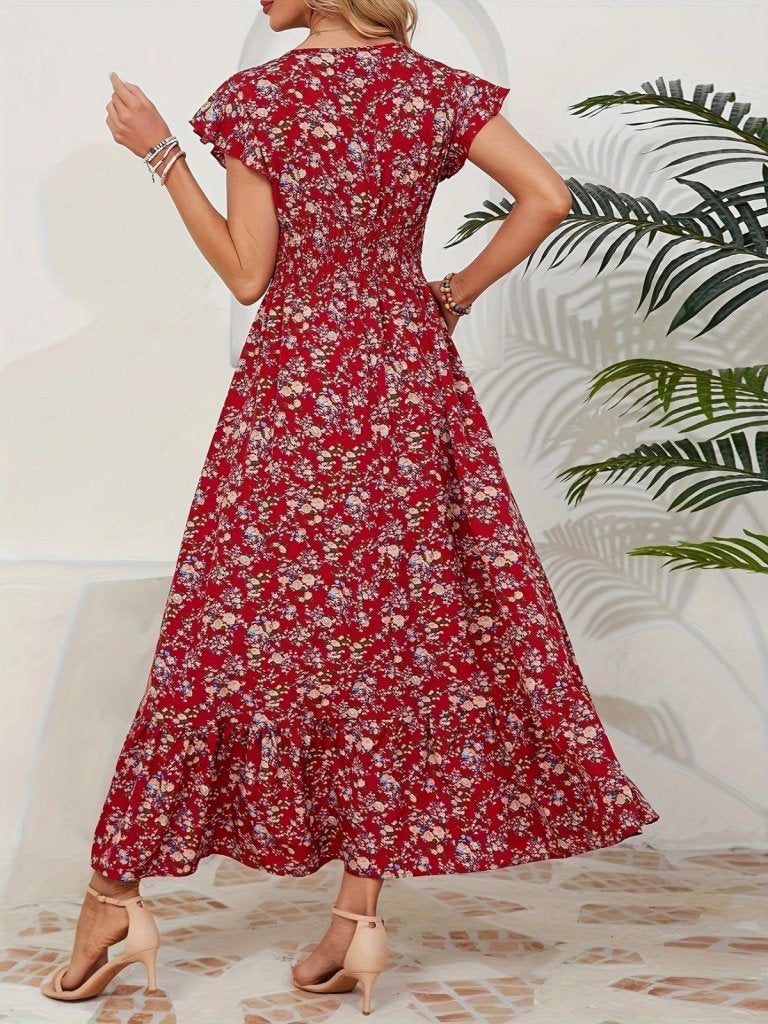 Rochie de damă cu mânecă scurtă, decolteu petrecut, elastic în talie și imprimeu floral, 35769