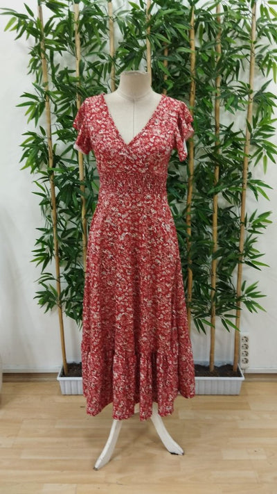 Rochie de damă cu mânecă scurtă, decolteu petrecut, elastic în talie și imprimeu floral, 35769