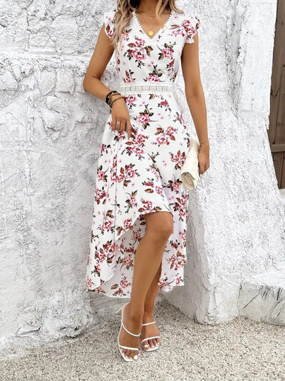 Rochie Supreme pentru femei, cu mânecă scurtă, decolteu în V, model floral, scurtă în față și spate lung, 26246