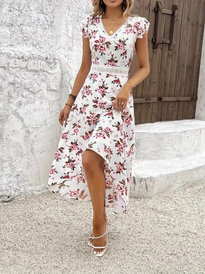 Rochie Supreme pentru femei, cu mânecă scurtă, decolteu în V, model floral, scurtă în față și spate lung, 26246
