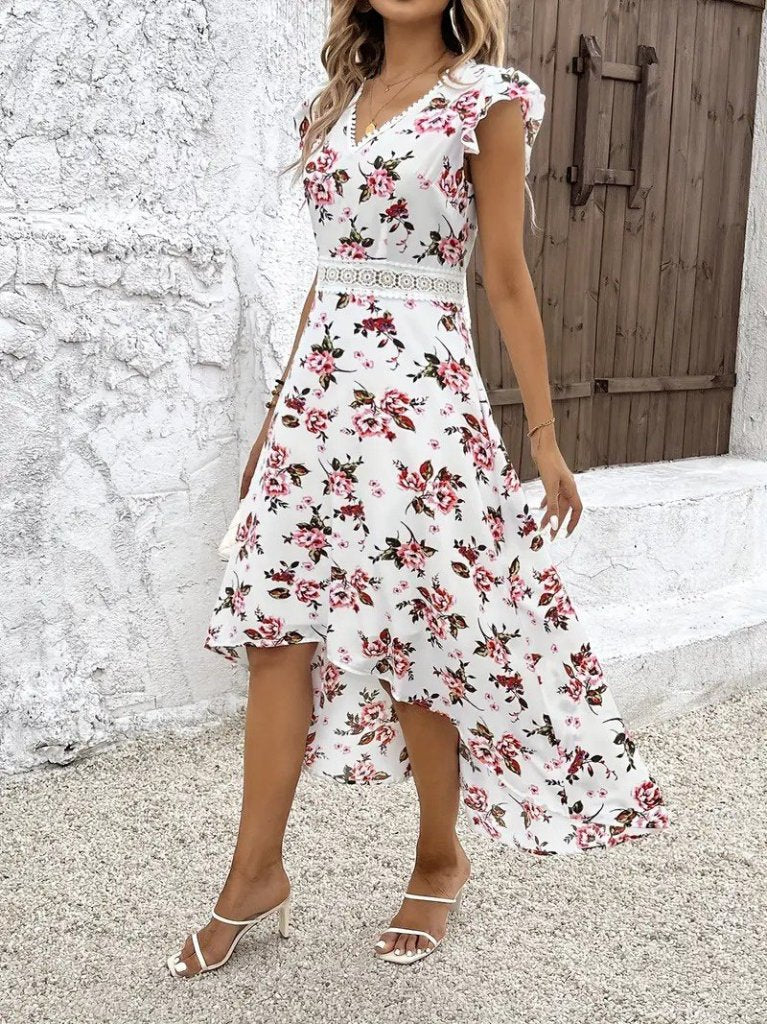 Rochie Supreme pentru femei, cu mânecă scurtă, decolteu în V, model floral, scurtă în față și spate lung, 26246