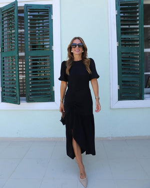 Rochie de damă cu mânecă scurtă, decolteu rotund, crăpături laterale, din crep strălucitor, 25361
