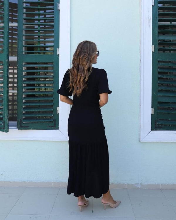 Rochie de damă cu mânecă scurtă, decolteu rotund, crăpături laterale, din crep strălucitor, 25361