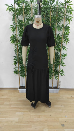 Rochie de damă cu mânecă scurtă, decolteu rotund, crăpături laterale, din crep strălucitor, 25361
