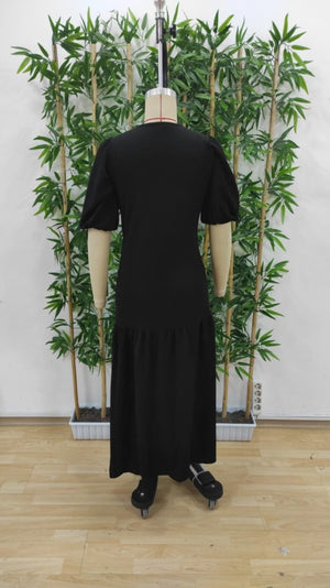 Rochie de damă cu mânecă scurtă, decolteu rotund, crăpături laterale, din crep strălucitor, 25361
