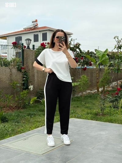 Set Două Piese, Femeie, Mânecă Scurtă, Țesătură Modal Texturată, Benzi pe Laturi, 36843