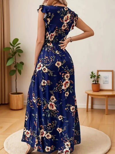 Rochie din suprafin cu mânecă scurtă, de damă, cu decolteu în V, imprimeu floral și șliț, 34470