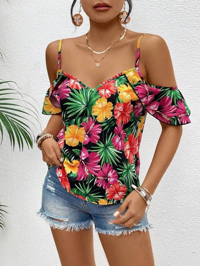 Bluză de damă cu bretele, fără umeri, cu imprimeu floral, 34474
