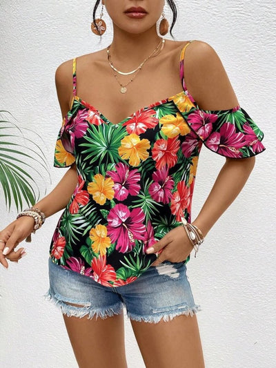 Bluză de damă cu bretele, fără umeri, cu imprimeu floral, 34474
