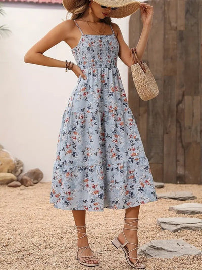 Women's Spaghetti Strap Wide V-Neck Patterned Long Supima Dress, 26338