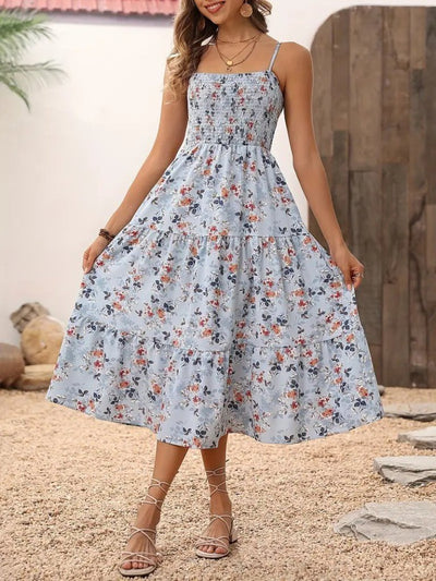 Women's Spaghetti Strap Wide V-Neck Patterned Long Supima Dress, 26338