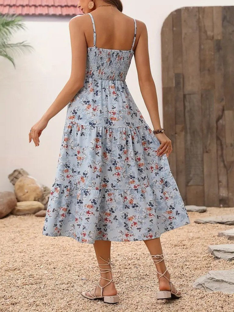 Women's Spaghetti Strap Wide V-Neck Patterned Long Supima Dress, 26338